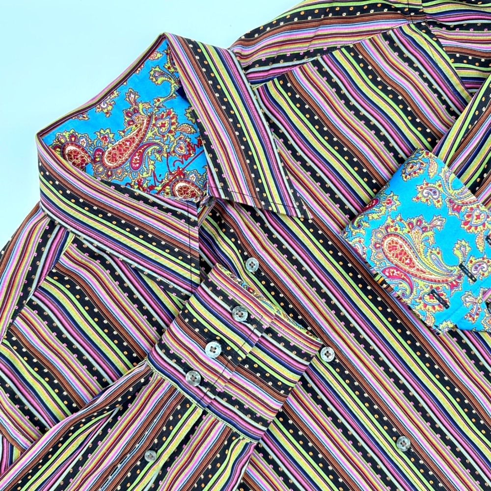 Robert Graham Mens Large Multi Color Striped Paisley Flip Cuff Button Down Shirt